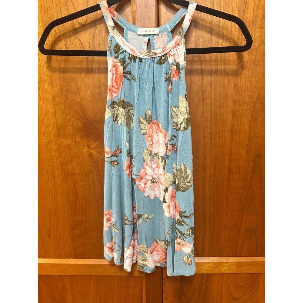 Mind Code Womens Floral Halter Neck Tank Top Blue Pink Rose Keyhole Back Small